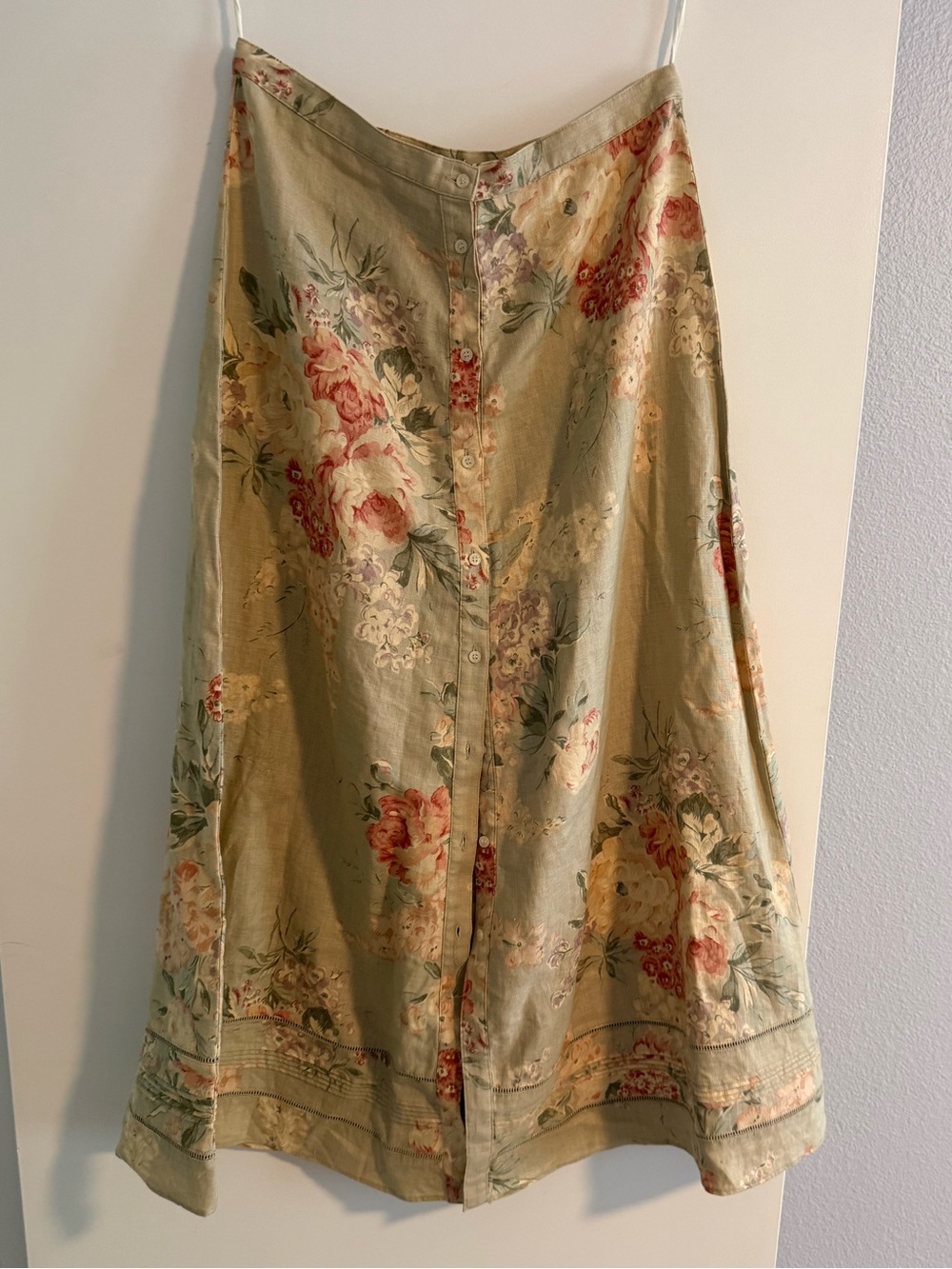 Vintage Ralph Lauren Sage Green Floral A-Line Button-Front Skirt Size 10